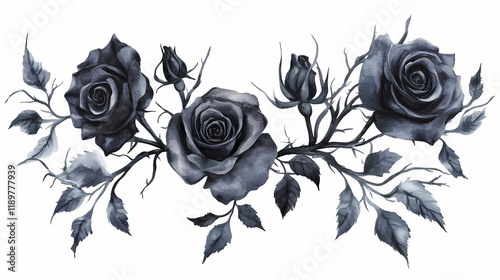 Fototapeta Naklejka Na Ścianę i Meble -  Black roses, thorns entwined, gothic garden, watercolor style. Thornshade. Illustration