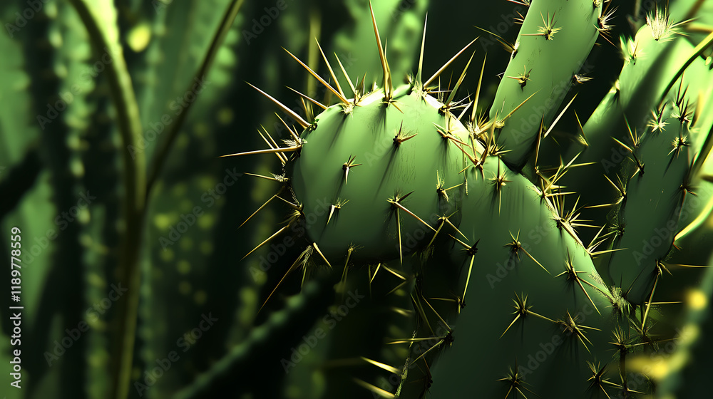 Close up of spiky green cactus with sharp needles , desert, plant, prickly, succulent, thorns, spikes, arid, nature, close-up. Thornshade. Illustration