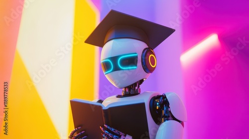 A futuristic AI robot wearing a graduation cap and holding a book, symbolizing the intersection of technology and education against a vibrant colored background. photo