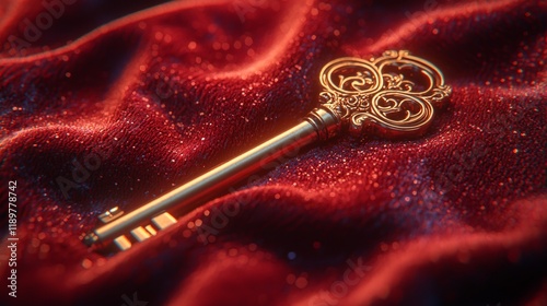 golden key lies elegantly on rich red velvet illuminated soft lighting highlights its intricate design and plush texture of fabric surrounding it.