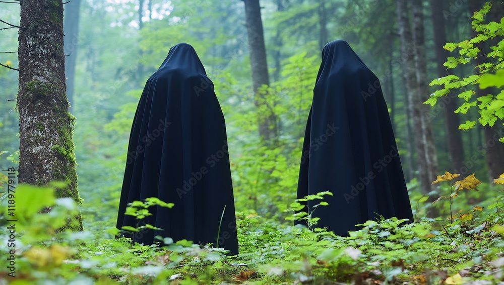 Cloaked figures in misty forest, mystery, nature background Cloaked figures in misty forest, mystery, nature background