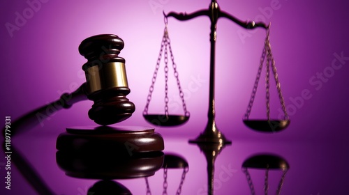 A gavel and scales of justice are prominently displayed against a violet background, symbolizing the essence of the legal system and the pursuit of justice. photo