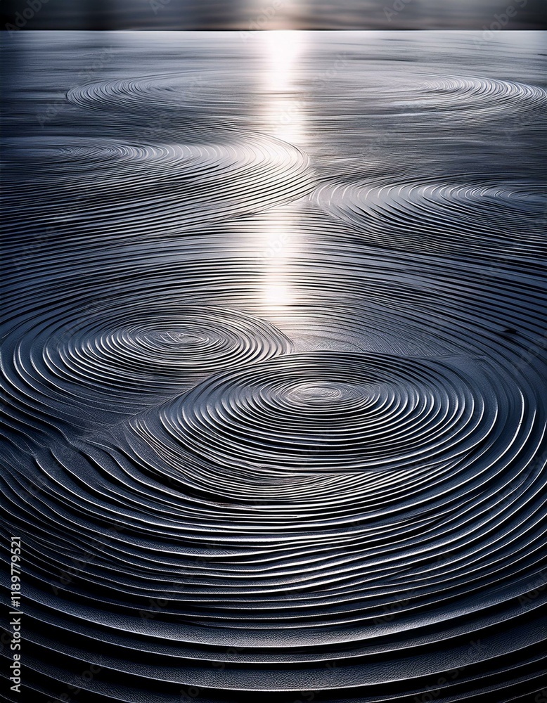 Obraz premium Abstract concentric circles ripple across a dark, reflective surface. Sunlight glints off the pattern.