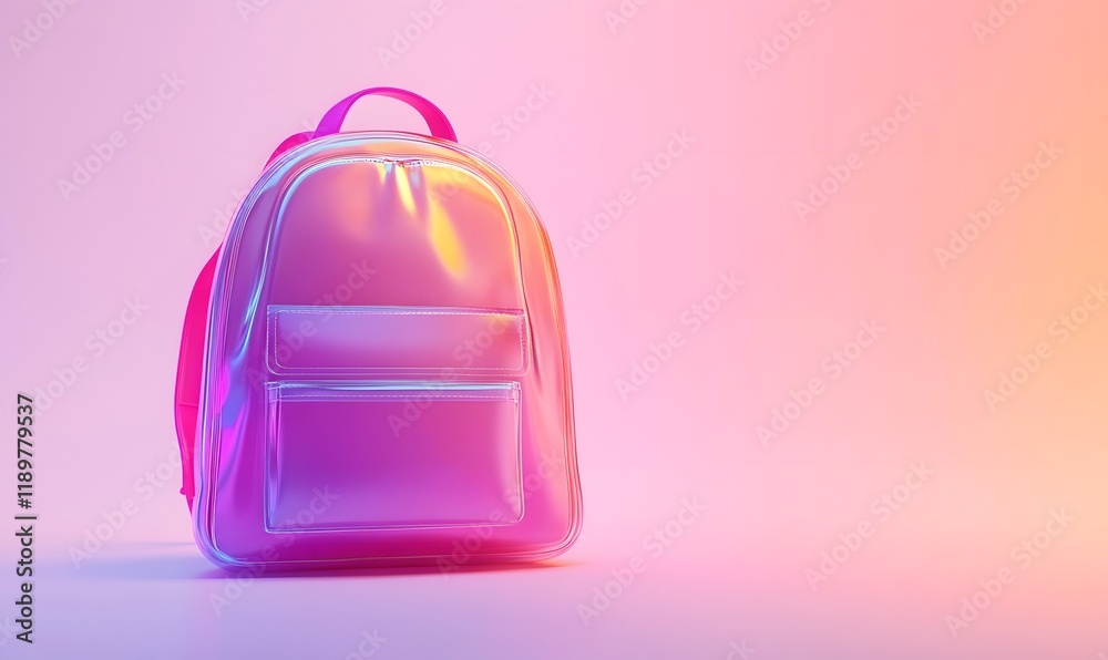 Fototapeta premium Holographic pink backpack on pink background.
