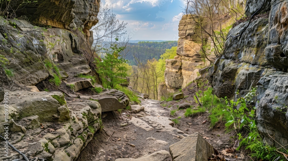 Obraz premium A scenic view of a rocky trail leading to a lush valley under a bright sky.