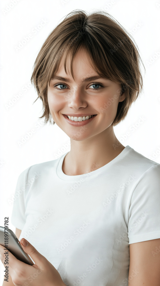 Happy young woman holding smartphone, white background. Happy young woman holding smartphone, white background.