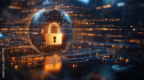 A globe with a digital padlock over a circuit board, set against a dark background. photo