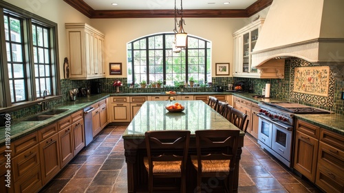 A green mosaic kitchen interior featuring an island, creating a vibrant and refreshing cooking space. photo