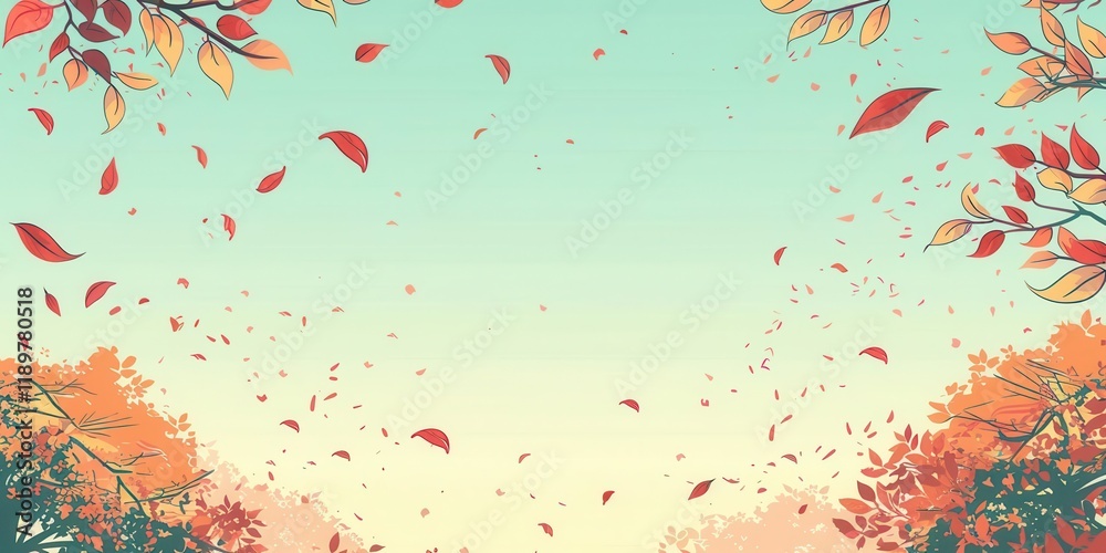 Obraz premium A serene autumn landscape with colorful leaves falling against a soft gradient sky.