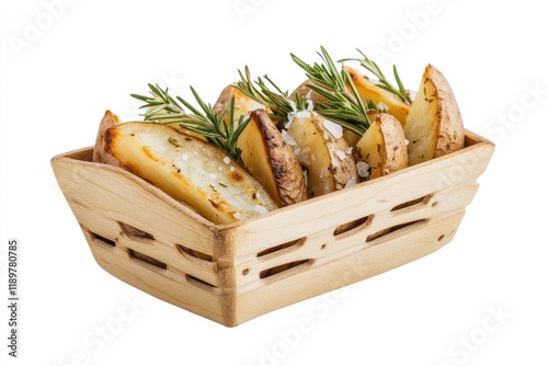 Rosemary seasoned potato wedges in a wooden basket photo