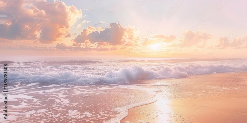 Fototapeta premium A serene beach scene at sunset, with gentle waves and colorful clouds reflecting the fading light.