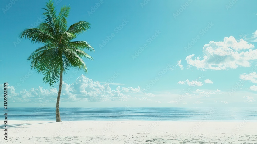 Fototapeta premium A serene beach scene featuring a palm tree against a bright blue sky and calm ocean waters.