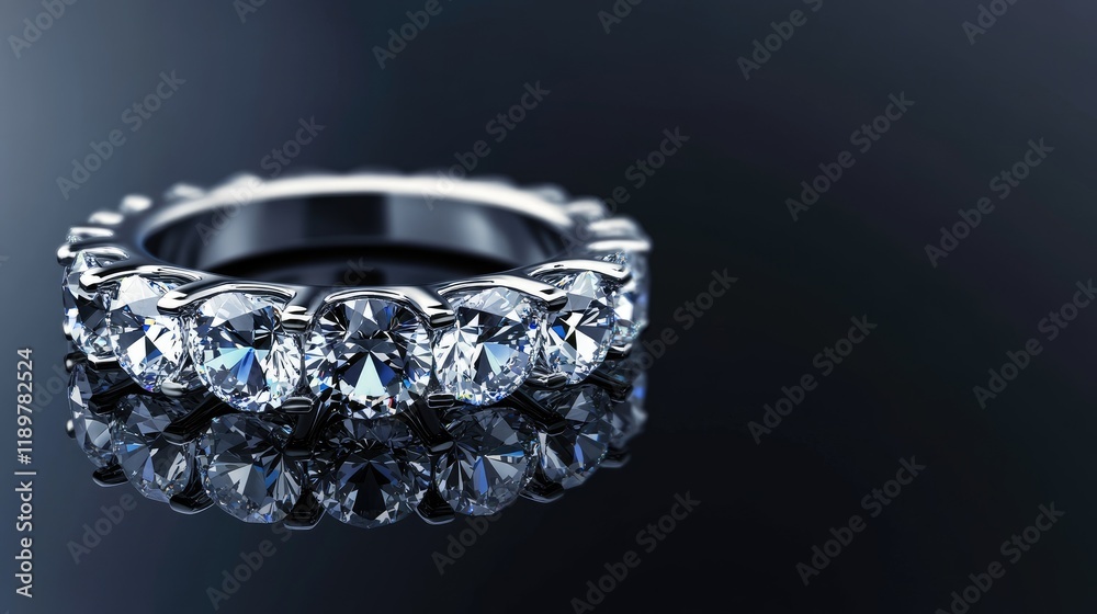 A detailed shot of a diamond wedding band on a reflective black surface. A detailed shot of a diamond wedding band on a reflective black surface.