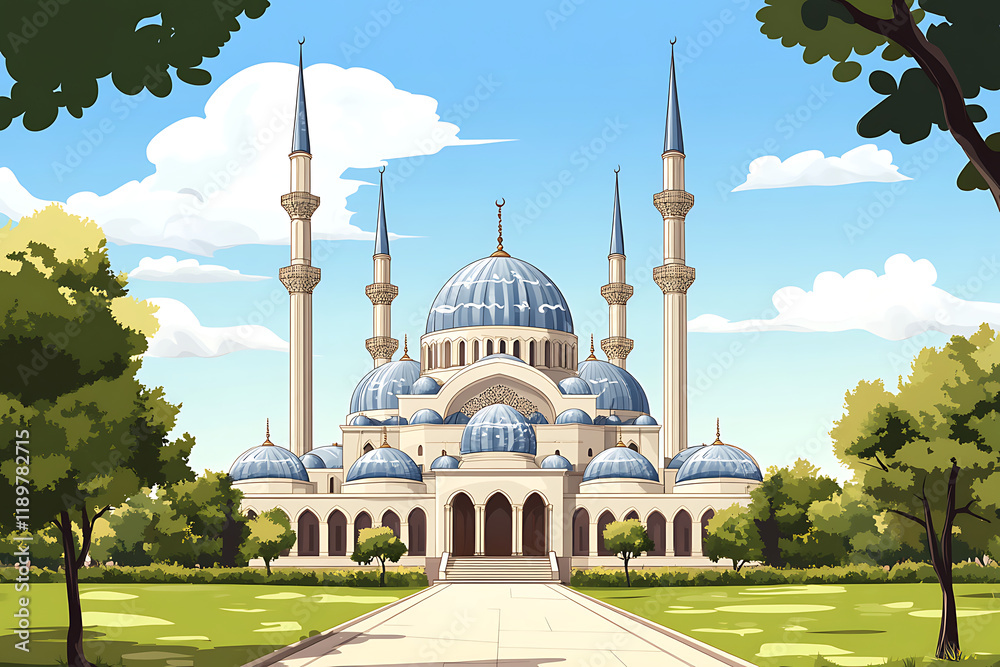 Fototapeta premium A beautifully designed mosque with multiple minarets and a large dome, set in a green landscape.