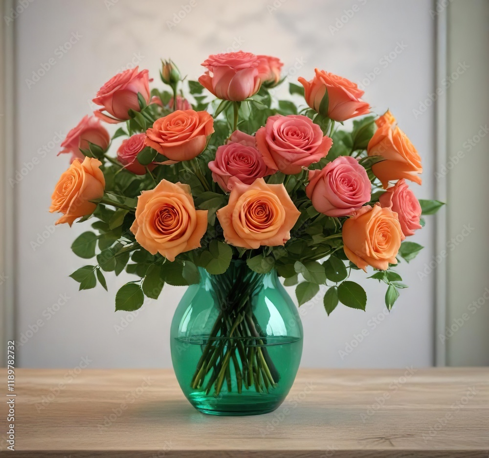 Vibrant bouquet of roses in a green glass vase, colorful blooms, flower bouquet, pink roses Vibrant bouquet of roses in a green glass vase, colorful blooms, flower bouquet, pink roses