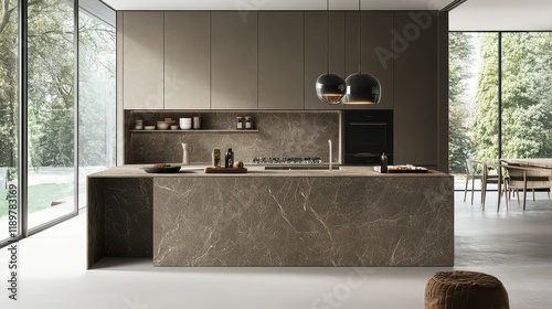 A light and airy home kitchen interior featuring a stone island, a modern sink, and a sleek cooking cabinet.