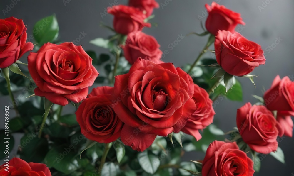Vibrant red roses unfold their petals like delicate silk , lush foliage, vibrant red, flower unfolding Vibrant red roses unfold their petals like delicate silk , lush foliage, vibrant red, flower unfolding