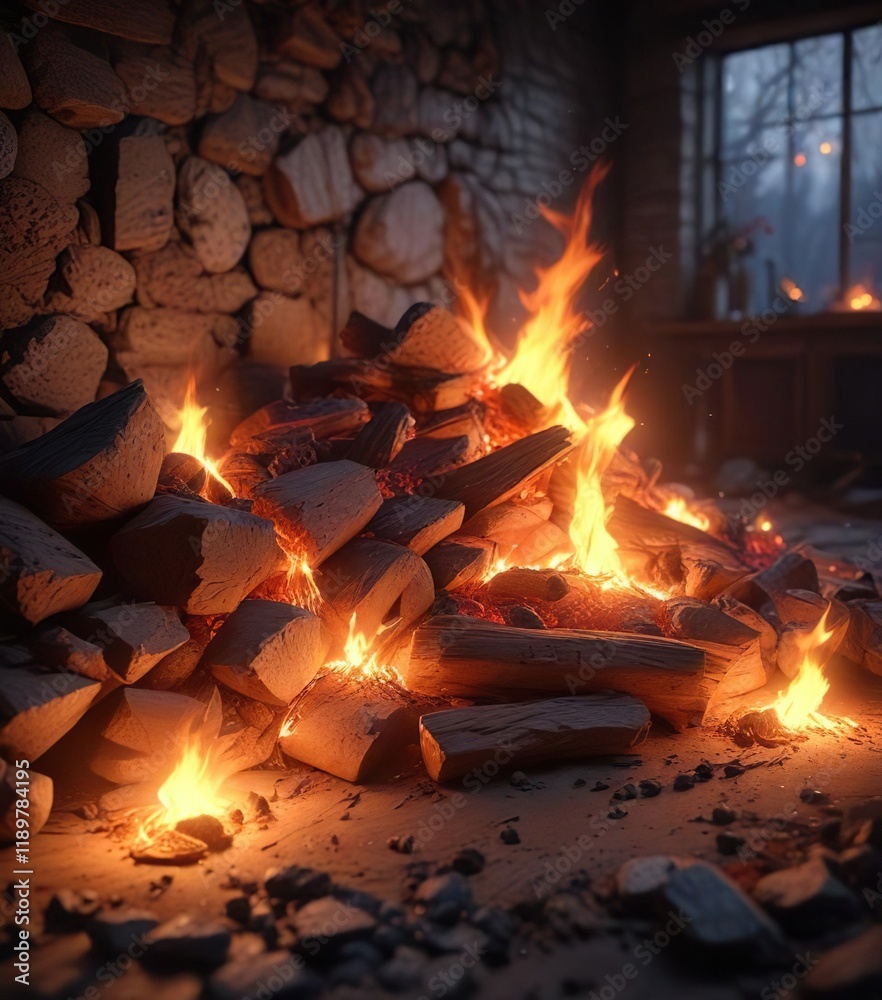 Warm and cozy atmosphere with a soft glow from the embers, campfire, burning Warm and cozy atmosphere with a soft glow from the embers, campfire, burning
