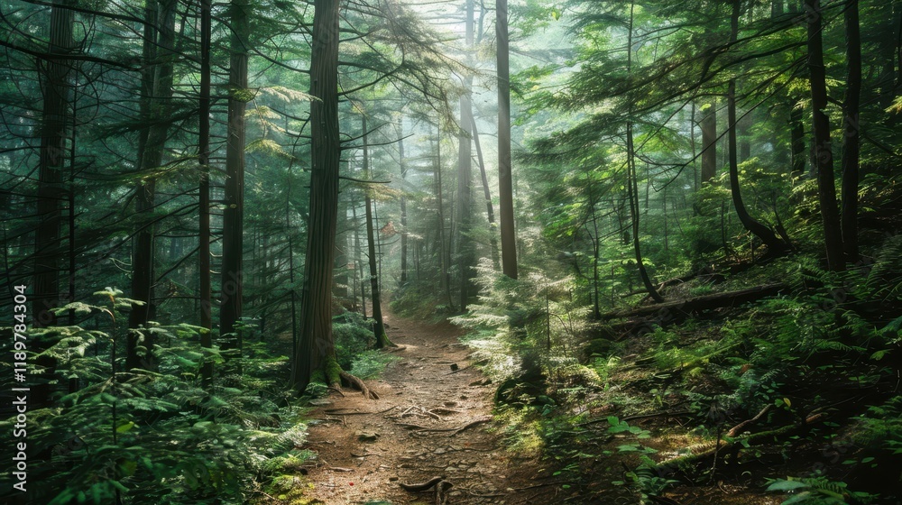 Obraz premium A serene forest path illuminated by soft sunlight, inviting exploration and connection with nature.