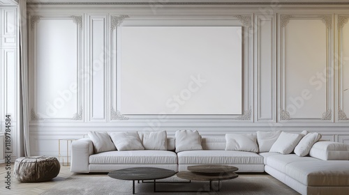 A living room interior featuring a white wall with an empty poster, showcasing a minimalist design. photo