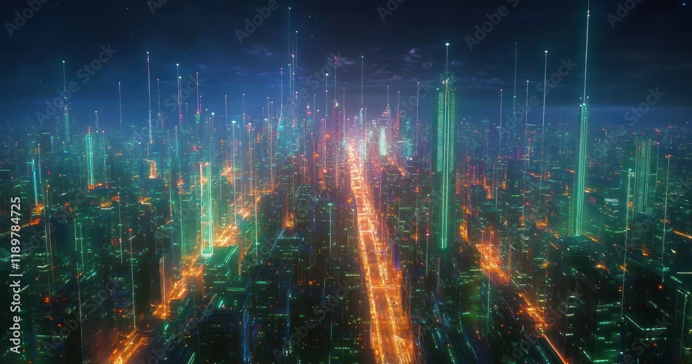 Obraz premium Futuristic Cyberpunk Cityscape with Neon Lights and Dynamic Grids in a High Contrast Night Setting