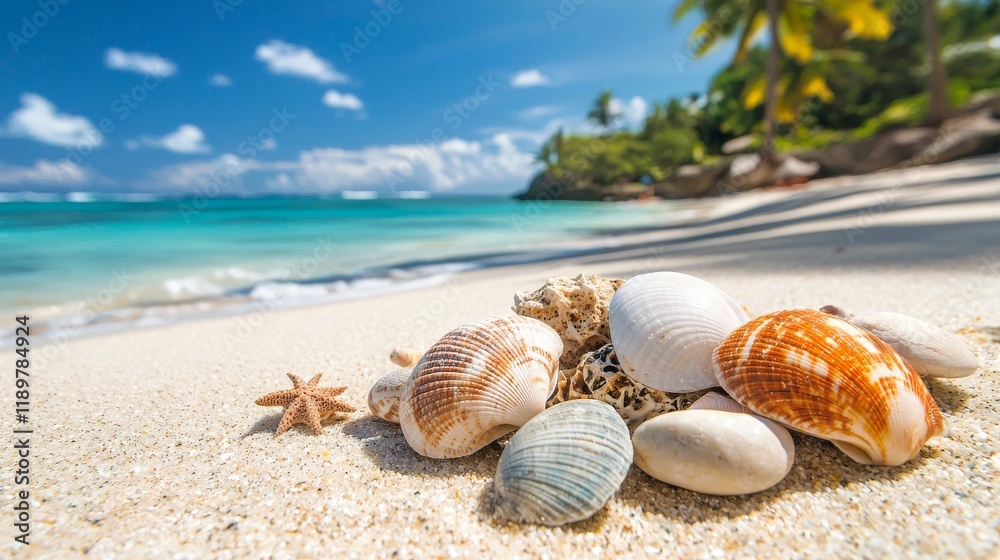 Close-Up of Colorful Seashells on a Sandy Beach With Turquoise Waves and Palm Trees in the Background Close-Up of Colorful Seashells on a Sandy Beach With Turquoise Waves and Palm Trees in the Background
