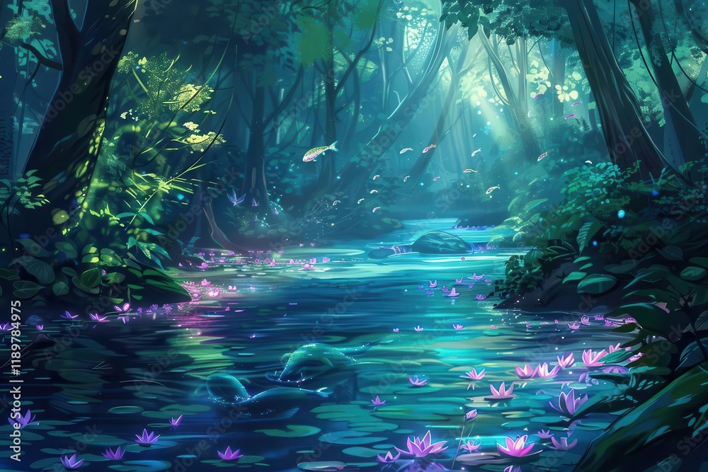 Fototapeta premium A serene forest scene featuring a tranquil stream adorned with lily pads and dappled sunlight.