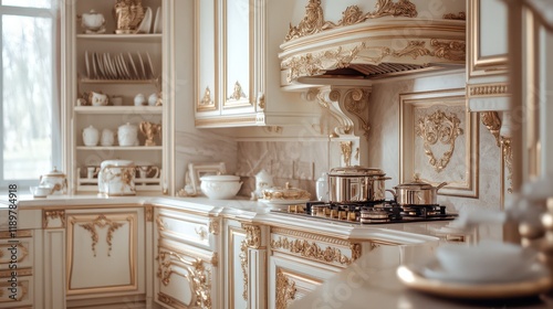 A luxurious home kitchen showcasing a stylish bar counter and a cooking cabinet positioned near a large window. photo