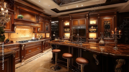 A luxurious home kitchen showcasing a stylish bar counter and a cooking cabinet positioned near a large window. photo