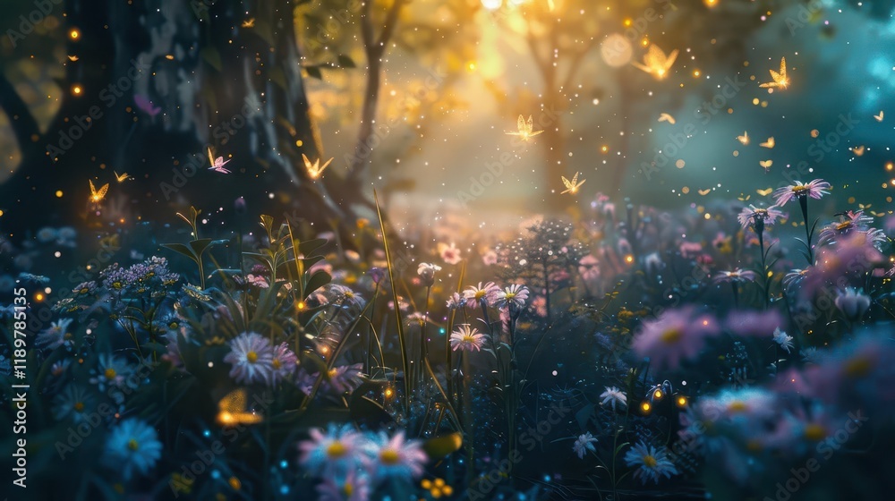 Fototapeta premium A serene forest scene filled with vibrant flowers and glowing lights, evoking a magical atmosphere.