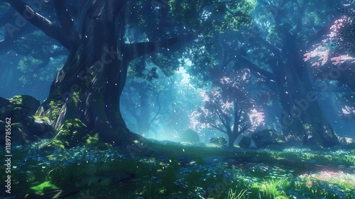 A serene forest scene illuminated by soft light, showcasing vibrant flora and a tranquil atmosphere.