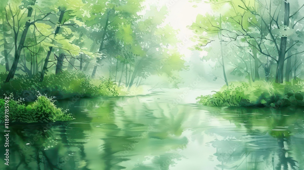 Obraz premium A serene forest scene with a calm river reflecting lush greenery and soft light.