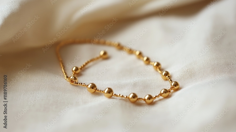 A golden anklet with tiny bells resting on a light-colored fabric background.