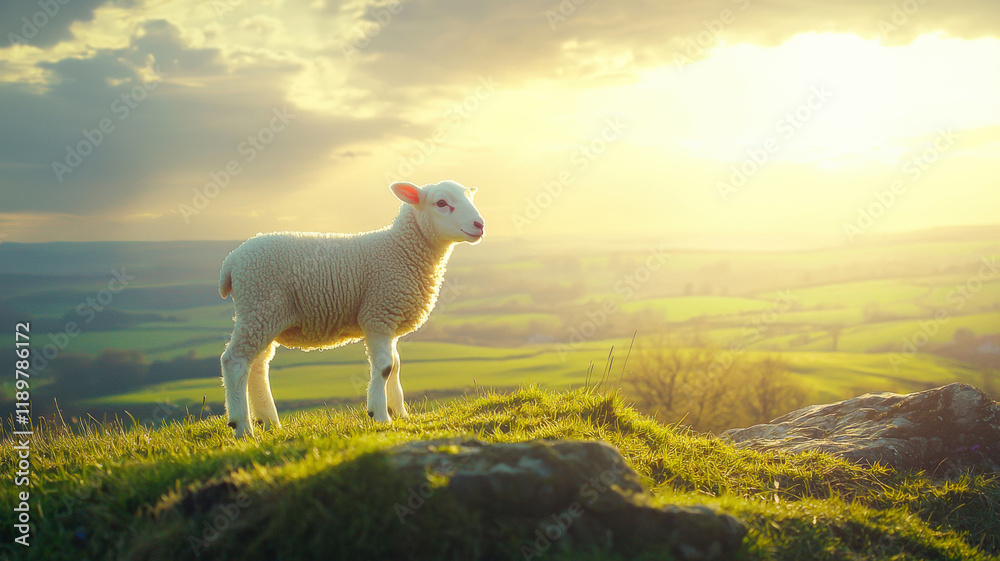 A vibrant depiction of an Easter lamb standing on a hilltop, surrounded by green pastures and golden sunlight, symbolizing purity and sacrifice, perfect for Easter themes and religious symbolism.