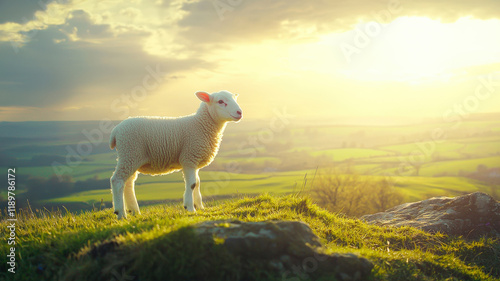 Obraz na płótnie A vibrant depiction of an Easter lamb standing on a hilltop, surrounded by green pastures and golden sunlight, symbolizing purity and sacrifice, perfect for Easter themes and religious symbolism.
w salonie