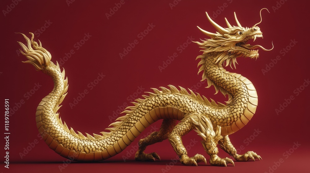 Obraz premium 3d Full body golden dragon in bend body pose, red background