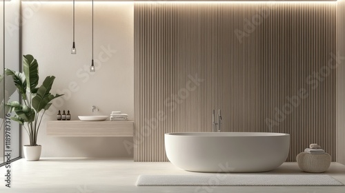 A minimalist bathroom featuring a walk-in shower, floating vanity, and sleek fixtures. photo