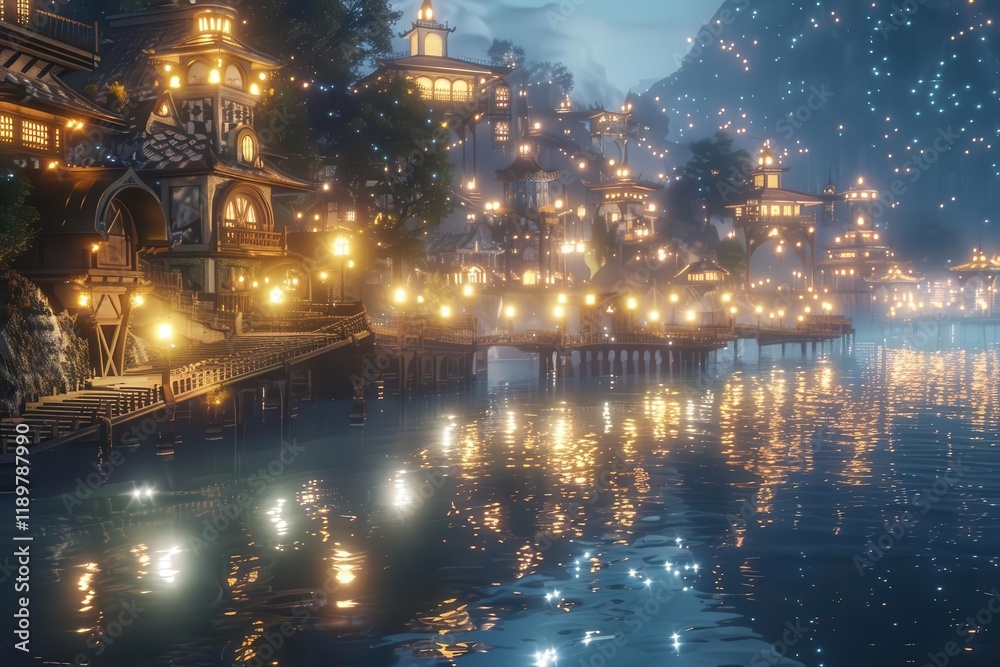 Fototapeta premium A serene lakeside village illuminated by warm lights, reflecting beautifully on the water at twilight.