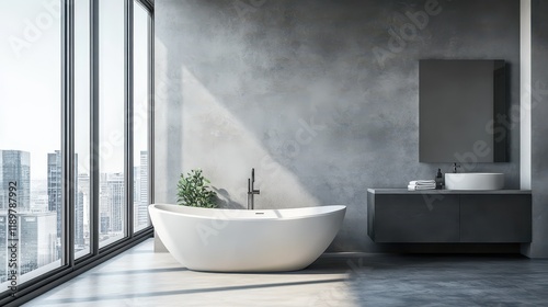 A modern bathroom featuring wooden cabinets, dual sinks, and arched mirrors set against a light background. photo