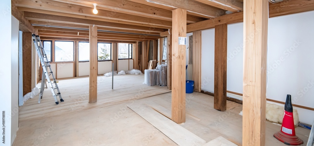 Home renovation wooden beams, new floor, mountain view Home renovation wooden beams, new floor, mountain view