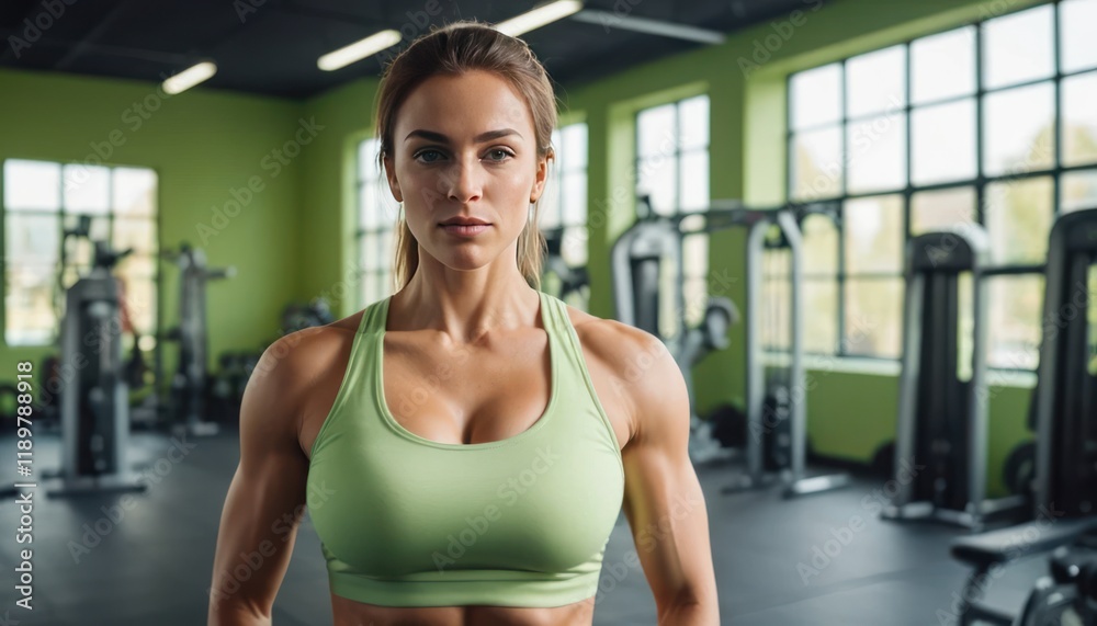 Fototapeta premium A beautiful, athletic, muscular woman is warming up in the gym, radiating strength and confidence.
