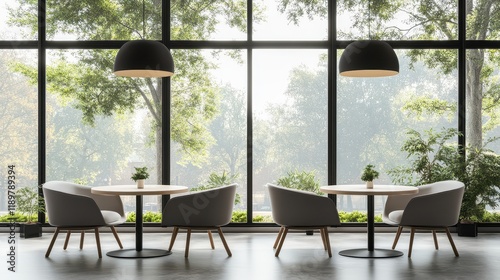 Interior kafe modern yang menampilkan kursi ramping dengan desain minimalis dan atmosfer yang nyaman.