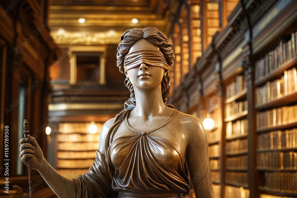 statue of lady justice blindfolded surrounded by towering shelves filled with law books in a grand library radiating wisdom and authority statue of lady justice blindfolded surrounded by towering shelves filled with law books in a grand library radiating wisdom and authority
