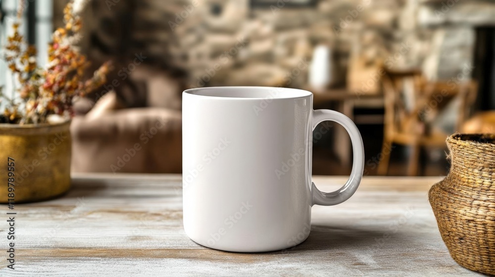 White Mug on Rustic Wooden Table in Cozy Home Setting White Mug on Rustic Wooden Table in Cozy Home Setting