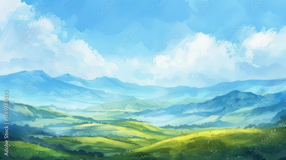 Fototapeta premium A serene landscape depicting rolling hills under a bright blue sky with fluffy clouds.