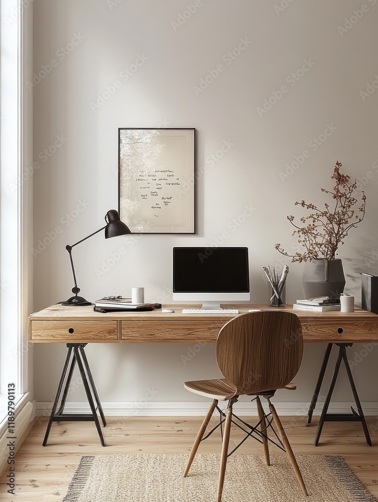 Minimalist workspace wooden desk modern lamp Scandinavian design soft lighting clean lines simplicity Minimalist workspace wooden desk modern lamp Scandinavian design soft lighting clean lines simplicity