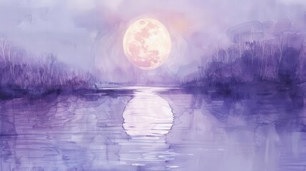 Papier peint photo Pourpre A serene landscape featuring a large moon reflecting on a calm river surrounded by misty trees.  © PICK YOUR POV