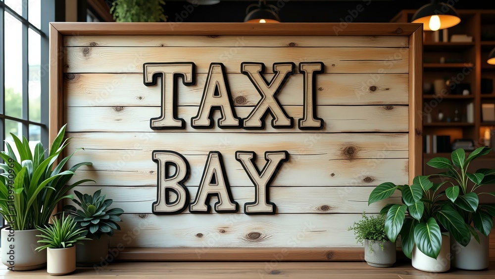 Obraz premium taxi bay is boldly displayed in a rustic, hand-painted style on a wooden signboard background