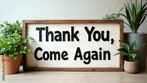 thank you come again is boldly displayed in a rustic, hand-painted style on a wooden signboard background