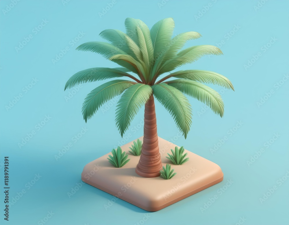 Obraz premium A stylized palm tree sits on a small island against a pastel blue background
